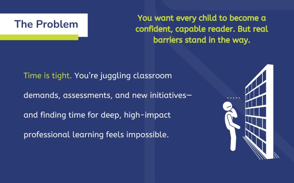 The Problem You want every child to become a confident, capable reader. But real barriers stand in the way. Time is tight. You’re juggling classroom demands, assessments, and new initiatives—and finding time for deep, high-impact professional learning feels impossible.
